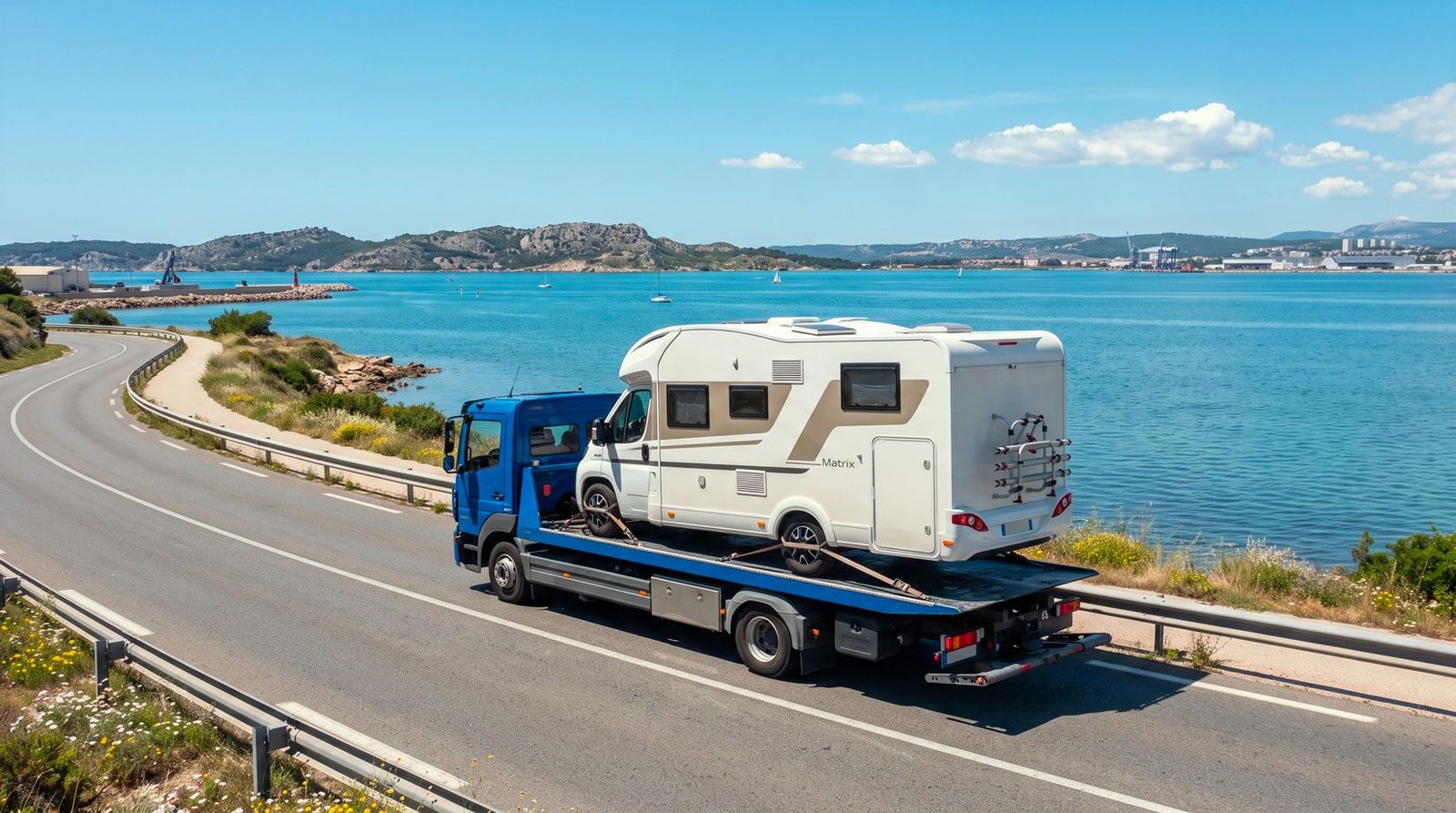 Dépanneuse GV Automobile transportant un véhicule le long de la côte près de Marseille